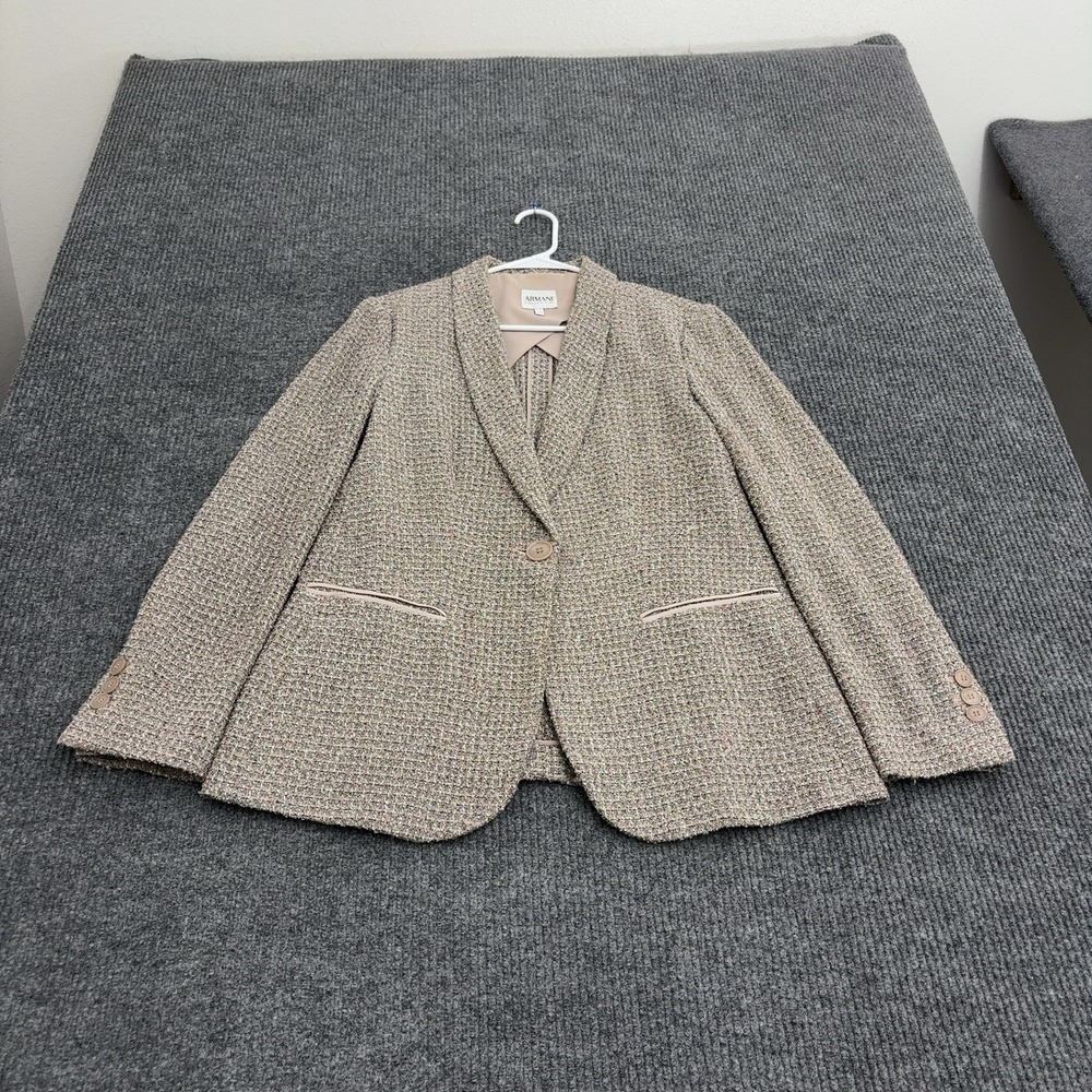 Armani Collezioni Blazer Womens 12 Tan Cotton Blend Tweed Shawl Collar Luxury